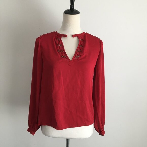 DVF DIANE VON FURSTENBERG Dark Red Bronze Hardware Keyhole 100% Silk Shirt - Picture 3 of 12